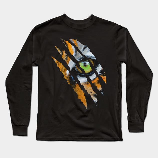 Fearless Tiger Cat Eye Claw Silhouette Long Sleeve T-Shirt by threefngrs